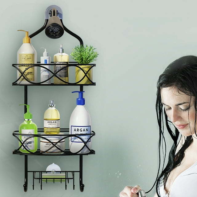 Hanging Shower Caddy Over Showerhead with Soap Holder and Hooks, 3-Shelf Bathroom Shower Organizer Storage Rack