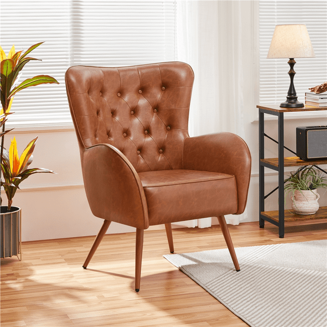Leather Armchair, Deluxe and Modern Accent Chair Living Room Chair Single Sofa Chair Cozy with High Back and Pocket Coil Seat for Bedroom Home Office, Brown,