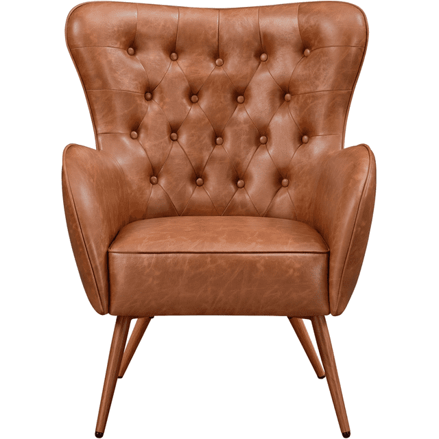 Leather Armchair, Deluxe and Modern Accent Chair Living Room Chair Single Sofa Chair Cozy with High Back and Pocket Coil Seat for Bedroom Home Office, Brown,