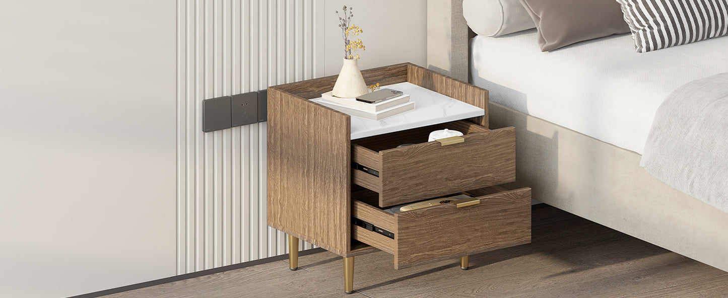 Wooden Nightstand with 2 Drawers and Marbling Worktop, Mordern Wood Bedside Table with Metal Legs&Handles, Walnut