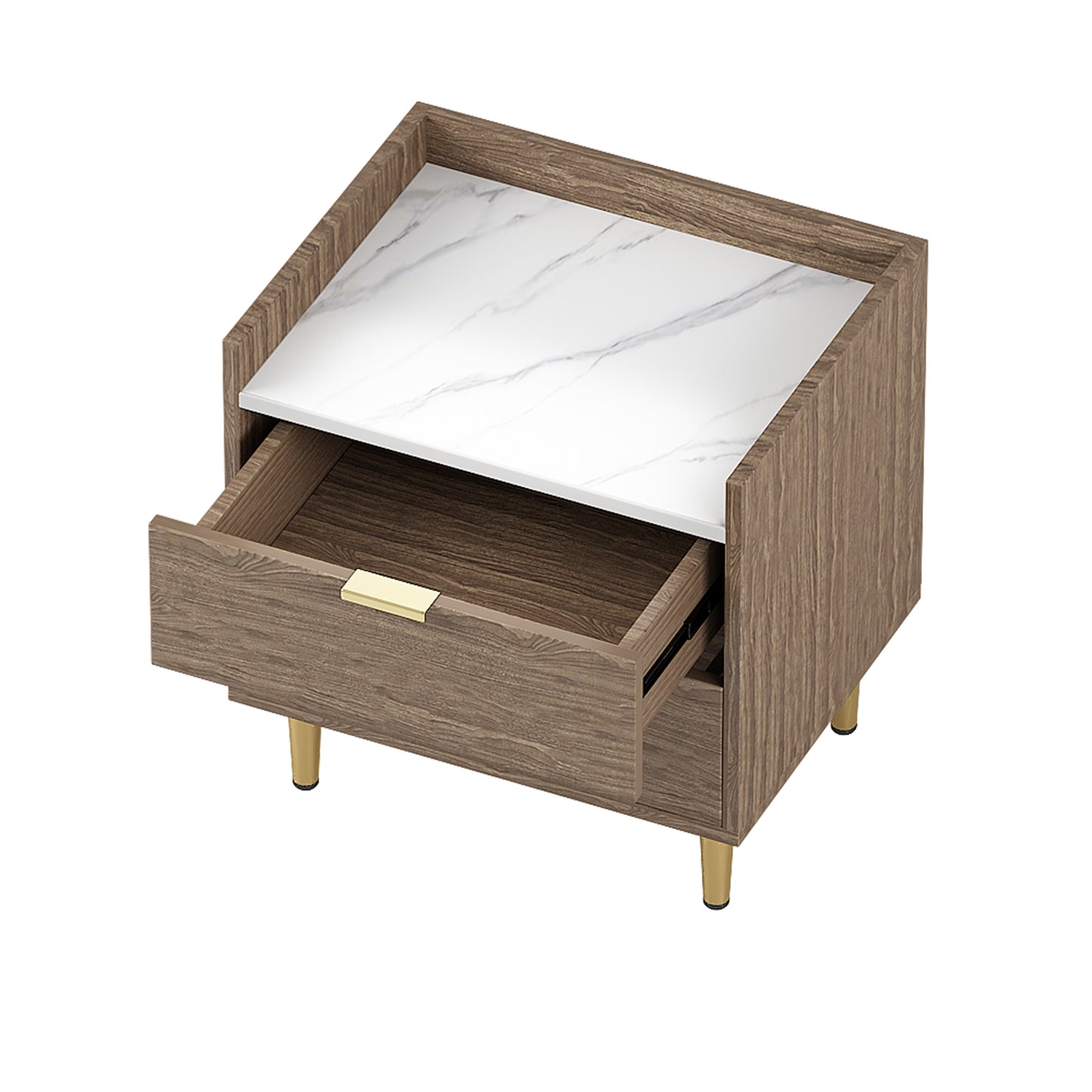Wooden Nightstand with 2 Drawers and Marbling Worktop, Mordern Wood Bedside Table with Metal Legs&Handles, Walnut
